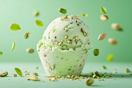 Pistachio ice cream decorated with chopped pistachios and leaves flying around on a vibrant green backgroundの素材