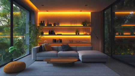 Warm lighting illuminates a modern living room with lush greenery, creating a cozy and inviting ambianceの素材