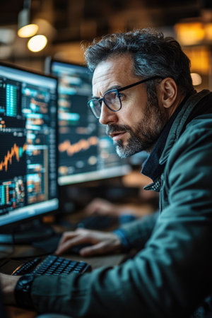 Bearded programmer concentrating on computer screens displaying lines of code and graphs in a dark server roomの素材