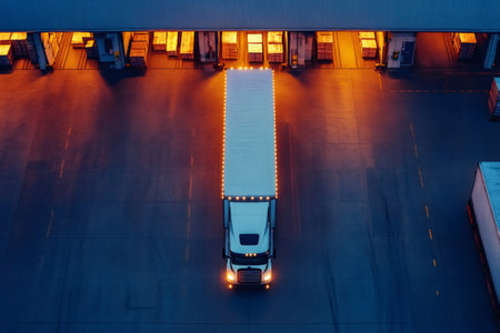 Semi-truck leaving warehouse loading docks at night with headlights on, aerial viewの素材