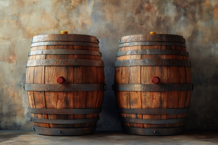 Winemaking process concept featuring two aged wooden barrels in a traditional cellarの素材