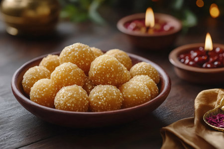 Traditional indian sweets boondi ladoo served in bowl during diwali festival celebrations with candlesの素材