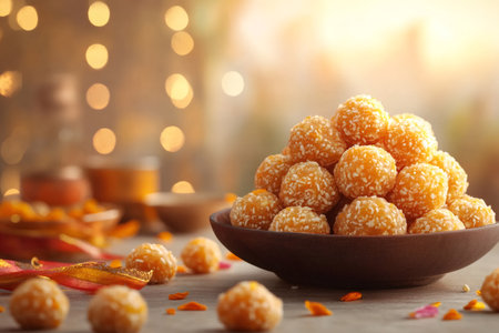 Traditional indian sweet motichoor ladoo served in bowl on diwali festival background with lights and bokehの素材