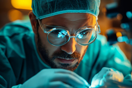 Close-up of focused surgeon wearing surgical mask and glasses performing surgery under bright microscope lightの素材