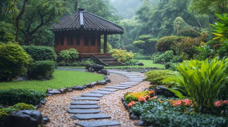 Serene landscape showcasing a stone path winding through a vibrant Japanese garden towards a traditional house during a gentle rainの素材
