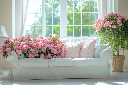 Beautiful pink roses decorating a white sofa in a sunlit living room, creating a cozy and romantic atmosphereの素材