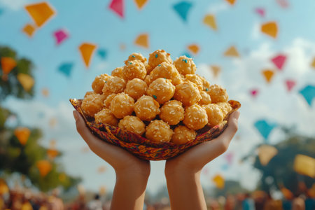 Hands holding traditional Thai dessert of deep-fried sweet potato balls at a festivalの素材