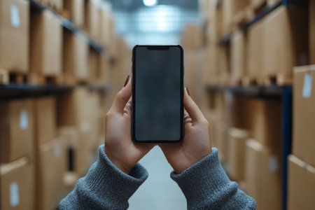 Warehouse worker holding smartphone with blank screen in cardboard boxes aisleの素材