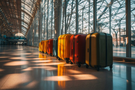 Many colorful suitcases are waiting in line at a modern airport terminal, ready for passengers to claim them after arrivalの素材