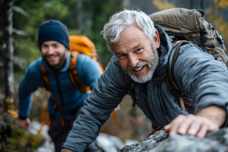 Two male hikers climbing a rock in a forest, enjoying their outdoor adventureの素材