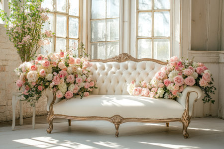 White sofa with decorative pillows and a large bouquet of pink and white roses in a naturally lit roomの素材