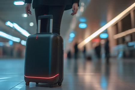 Businesswoman walking with a smart suitcase featuring location tracking technology in a modern airport terminalの素材