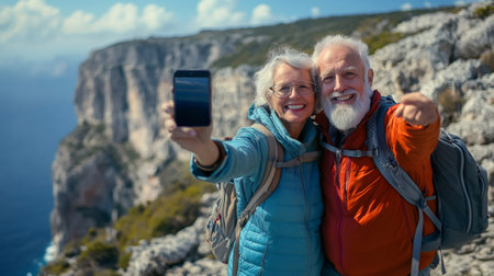Hikers taking selfie with smartphone while enjoying scenic view from mountain topの素材