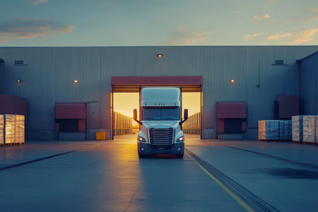 White semi-truck is leaving warehouse at sunset, symbolizing logistics, supply chain, and transportation industryの素材