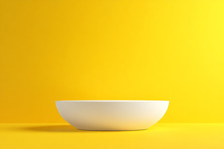 Simple white bowl standing on yellow surface creating modern minimalist still life with copy spaceの素材