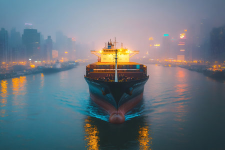 Large container ship navigating a river at dusk, city lights reflecting on the water, creating a captivating urban seascapeの素材