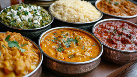 Assortment of flavorful Indian cuisine served in traditional copper bowls, showcasing a variety of dishes and ingredientsの素材