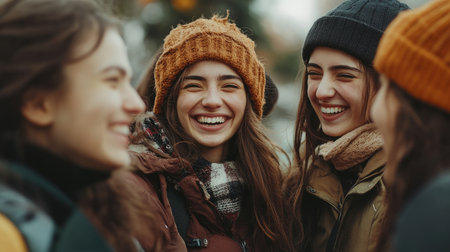 Four cheerful female friends enjoying a winter day together outdoors, sharing laughter and good timesの素材