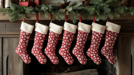 Red christmas stockings with snowflake patterns hanging from a mantelpiece decorated with fir garland and pine cones create a cozy holiday atmosphereの素材