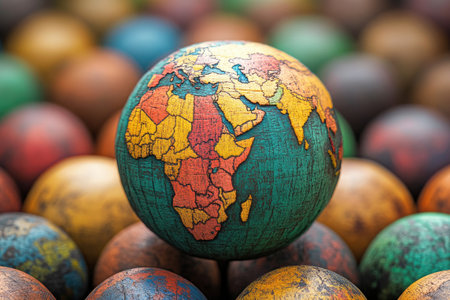 Colorful globe stands out amongst a collection of multicolored spheres, symbolizing global diversity, interconnectedness, and the importance of international relationsの素材