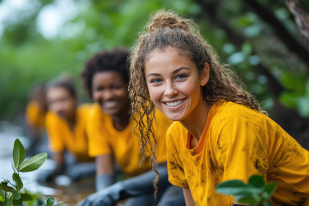 Happy volunteers wearing yellow t-shirts are cleaning a river in the forestの素材