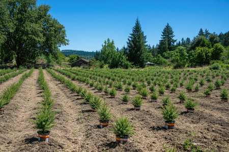Evergreen tree saplings growing in pots on a farm or tree nurseryの素材