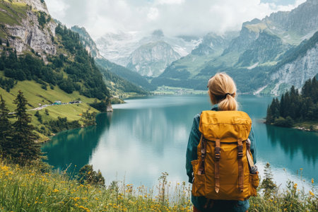 Female hiker with yellow backpack admiring stunning mountain lake and alpine panorama in Appenzell, Switzerlandの素材
