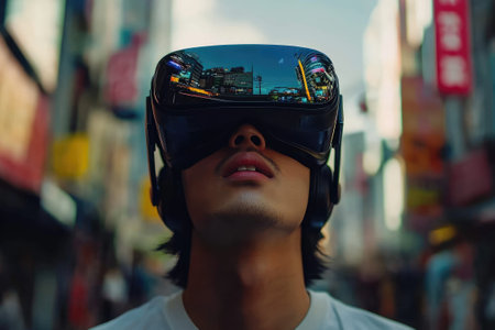Immersed in a virtual world, a young man explores a vibrant cityscape using a vr headset, experiencing the future of technologyの素材