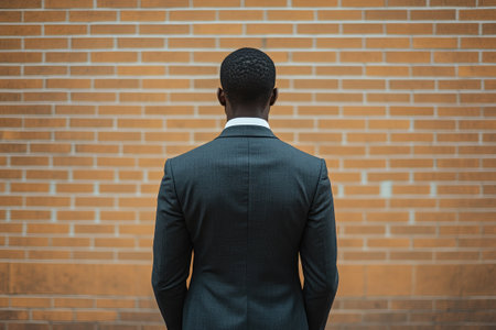 Businessman standing with his back to a brick wall, conveying concepts of career challenges, decision-making, and uncertaintyの素材