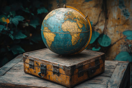 Vintage globe sits atop an antique suitcase, inspiring wanderlust and a sense of adventureの素材