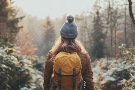 Young woman hiking in the forest during a beautiful winter golden hourの素材