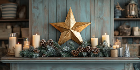 Christmas decoration with golden star, candles and pine branches on mantelpieceの素材