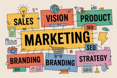 Marketing concept with related words, icons and meanings, focusing on sales, product, branding, vision and seo strategyの素材