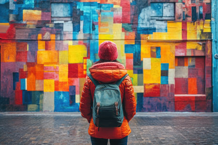 Young woman tourist with backpack looking at colorful geometric urban wall painting during a city tripの素材