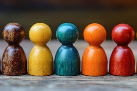 Colorful wooden figures standing on a rustic wooden surface, representing the concepts of diversity, inclusion, and equalityの素材