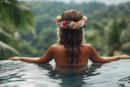 Young woman with flower wreath relaxing in infinity pool enjoying tropical jungle viewの素材