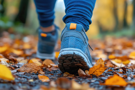 Woman taking a leisurely walk through a forest path covered in fallen autumn leaves, enjoying the vibrant colors and fresh airの素材