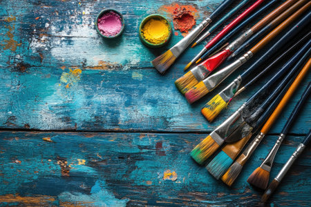 Row of artist paintbrushes with colorful paint on old wooden deskの素材