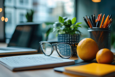 Eyeglasses resting on a notepad with oranges and a small plant on a desk, suggesting a healthy work-life balance in a modern office settingの素材