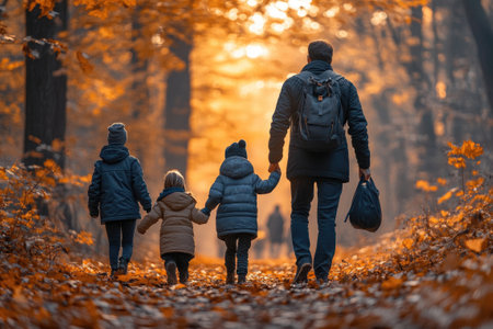 Father and children enjoying a walk through forest in fallの素材
