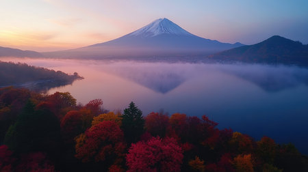 Majestic Mount Fuji reflecting in a lake surrounded by colorful autumn foliage during a beautiful sunrise in Japanの素材