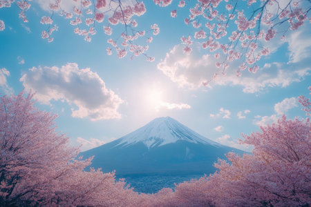 Majestic Mount Fuji is shining through beautiful pink cherry blossoms during springtime in Japanの素材
