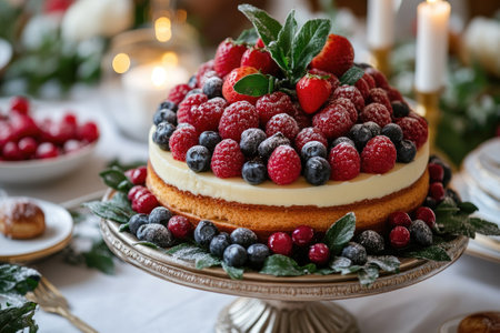 Layered cake with cream cheese frosting decorated with fresh berries and icing sugar on a festive Christmas tableの素材