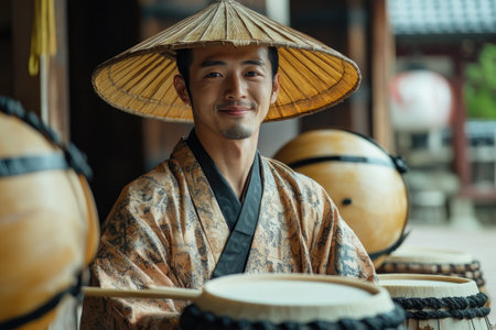 Portrait of a Japanese musician wearing traditional clothing and smiling while playing taiko drumsの素材