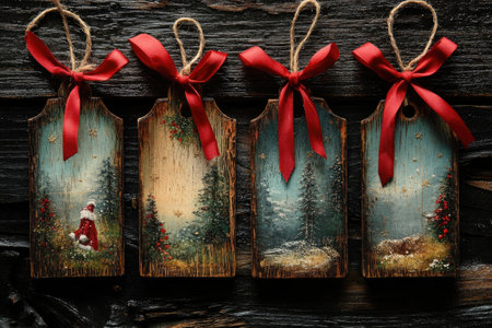 Four wooden Christmas gift tags with festive red ribbons hanging on a rustic wooden background, featuring a painting of Santa Claus in a winter forest sceneの素材