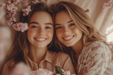 Two teenage sisters with long brown hair are smiling and posing together with pink flowersの素材