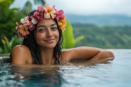 Young woman wearing flower crown relaxing in infinity pool enjoying lush tropical rainforest viewの素材