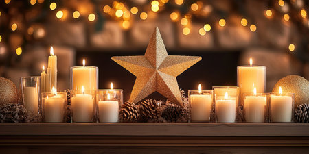 Burning candles on a mantelpiece with pine cones, christmas ornaments, and a golden star, creating a warm and festive atmosphere with string lights in the backgroundの素材