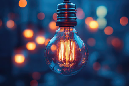 Glowing vintage lightbulb hanging against a dark blue backdrop with orange bokeh, creating a warm and inviting atmosphereの素材