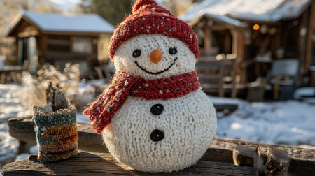 Knitted snowman with a red hat and scarf sits on a wooden fence in a snowy winter scene, evoking warmth and holiday cheerの素材